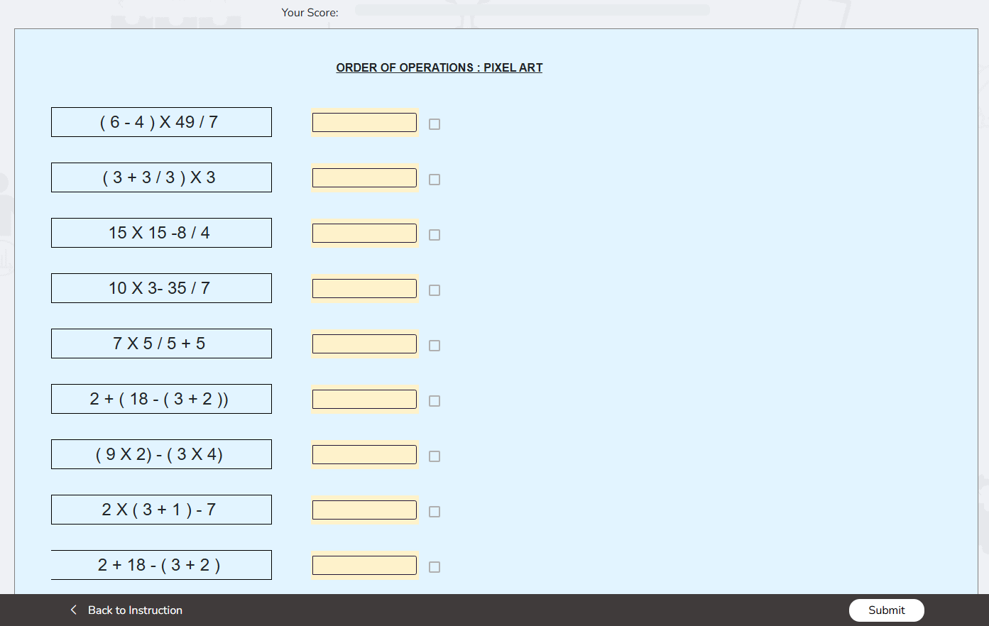 Interactive math worksheet carousel